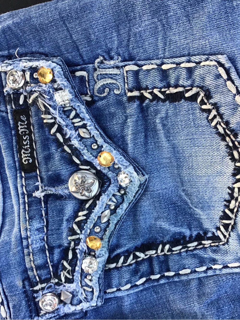 Miss Me Blue Distressed Cropped Jeans with Jeweled Embellishments